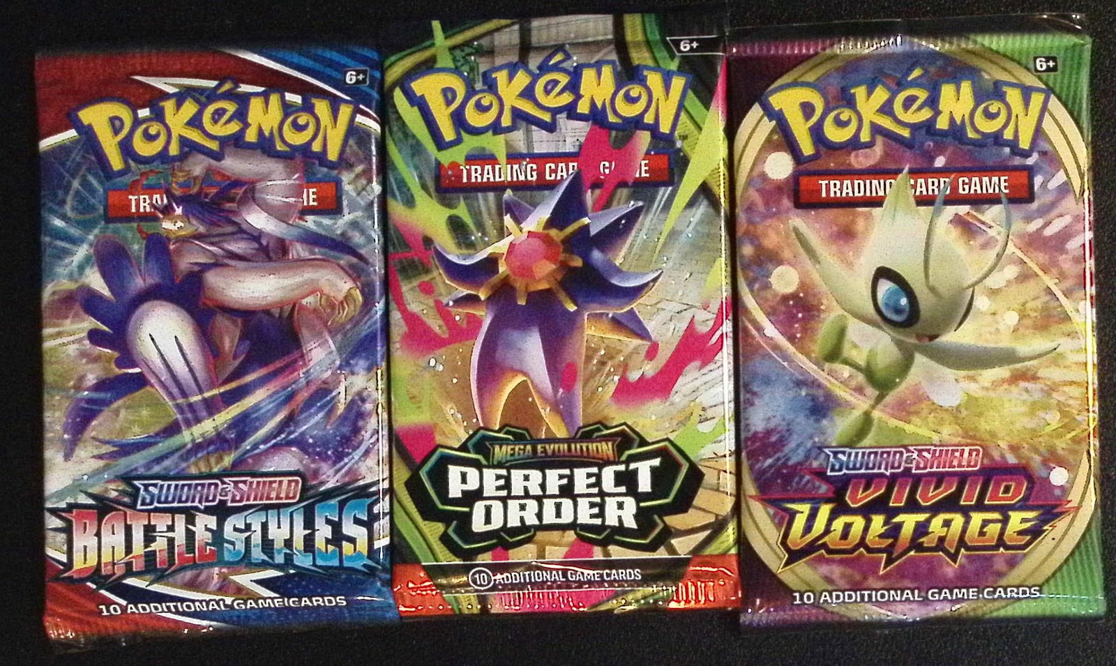 3 COUNT: 1 - Pokemon Battle Styles, 1 - Perfect Order, & 1 - Vivid Voltage Booster Packs: Pokemon Trading Card Game Cards, Charizard, Pikachu, Mewto, EX, Referse Holo, Holo Rare Cards, Secret Rare Cards, Full Art Cards, Evee, 3 Stars Ultra Rare Cards, Double Rare, Illustration Rare, Specia