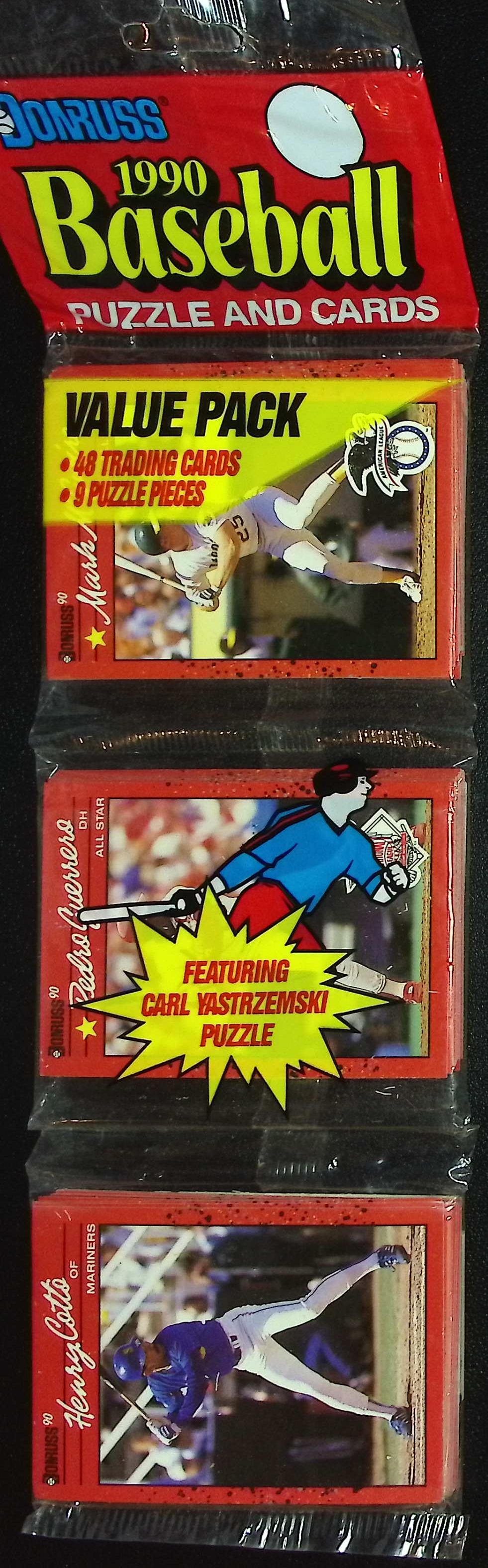 1990 Donruss Series 1 RACK PACK Vintage Baseball Card Factory Sealed - Mark McGwire on Front: Vintage Valuable Donruss Baseball MLB Trading & Sports Cards, Robin Yount, George Brett, Rickey Henderson, Nolan Ryan, Old Sports Cards for Sale Near Me, World Series & hall of Fame Players, Auction M