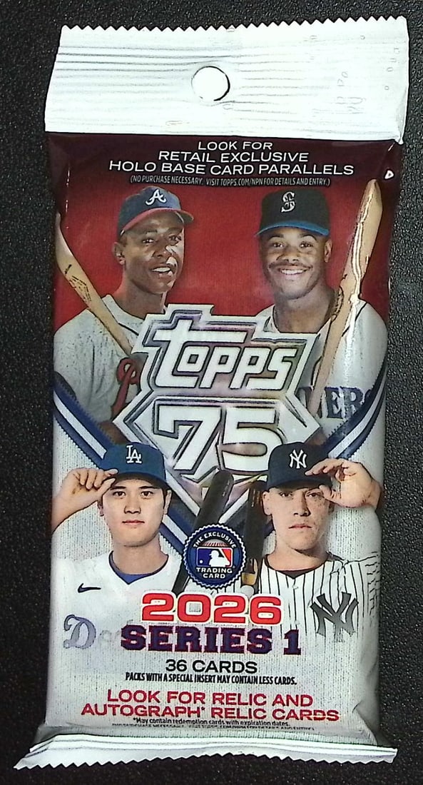 2026 Topps Series 1 Baseball 75th Anniversary HANGER VALUE FAT PACK: Factory Sealed Topps Baseball MLB Trading & Sports Cards, Rookie Cards in this set are Jack Caglianone, Speckled, SP, SSP, Variations, Autographs, Chrome, Refractors, 1976 Topps, Sports Cards for Sale