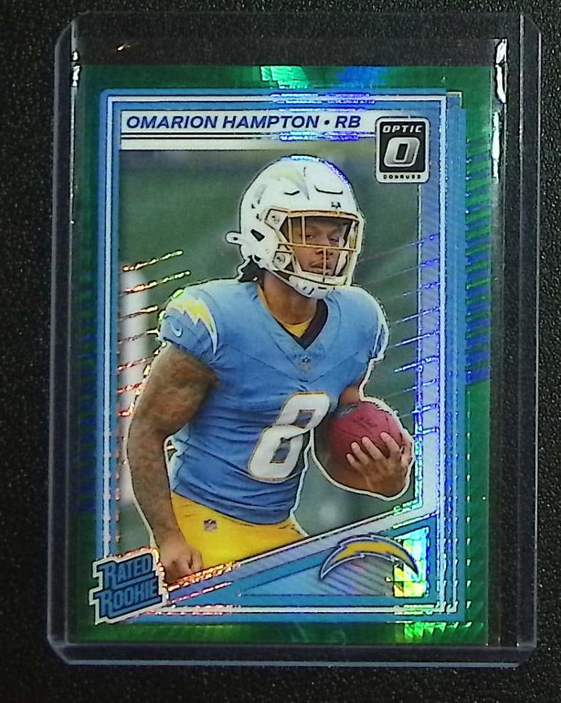 Omarion Hampton Green Hyper Rated Rookie Card 2025 Donruss Optic #212: Panini Select, Prizm, Mosaic, Contenders, Zenith, Phoenix, Illusions, Absolute, Rookie NFL Sports Trading Cards, SP, SSP, Cards, Football Cards for Sale Near Me, Superbowl & Hall of Fame Player Cards,