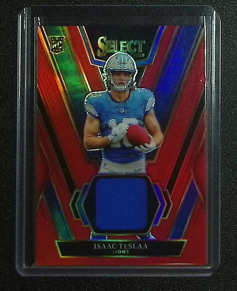 Isaac Teslaa Rookie Card Red Prizm Rookie Jersey Swatch 2025 Panini Select #RSW-ITA: Panini Select, Prizm, Mosaic, Contenders, Zenith, Phoenix, Illusions, Absolute, Rookie NFL Sports Trading Cards, SP, SSP, Cards, Football Cards for Sale Near Me, Superbowl & Hall of Fame Player Cards,