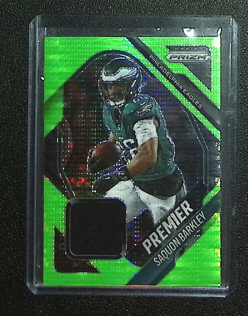 Saquon Barkley Jersey Relic Neon Green Pulsar Prizm 2025 Panini Prizm #PJY-SBY: Panini Select, Prizm, Mosaic, Contenders, Zenith, Phoenix, Illusions, Absolute, Rookie NFL Sports Trading Cards, SP, SSP, Cards, Football Cards for Sale Near Me, Superbowl & Hall of Fame Player Cards,