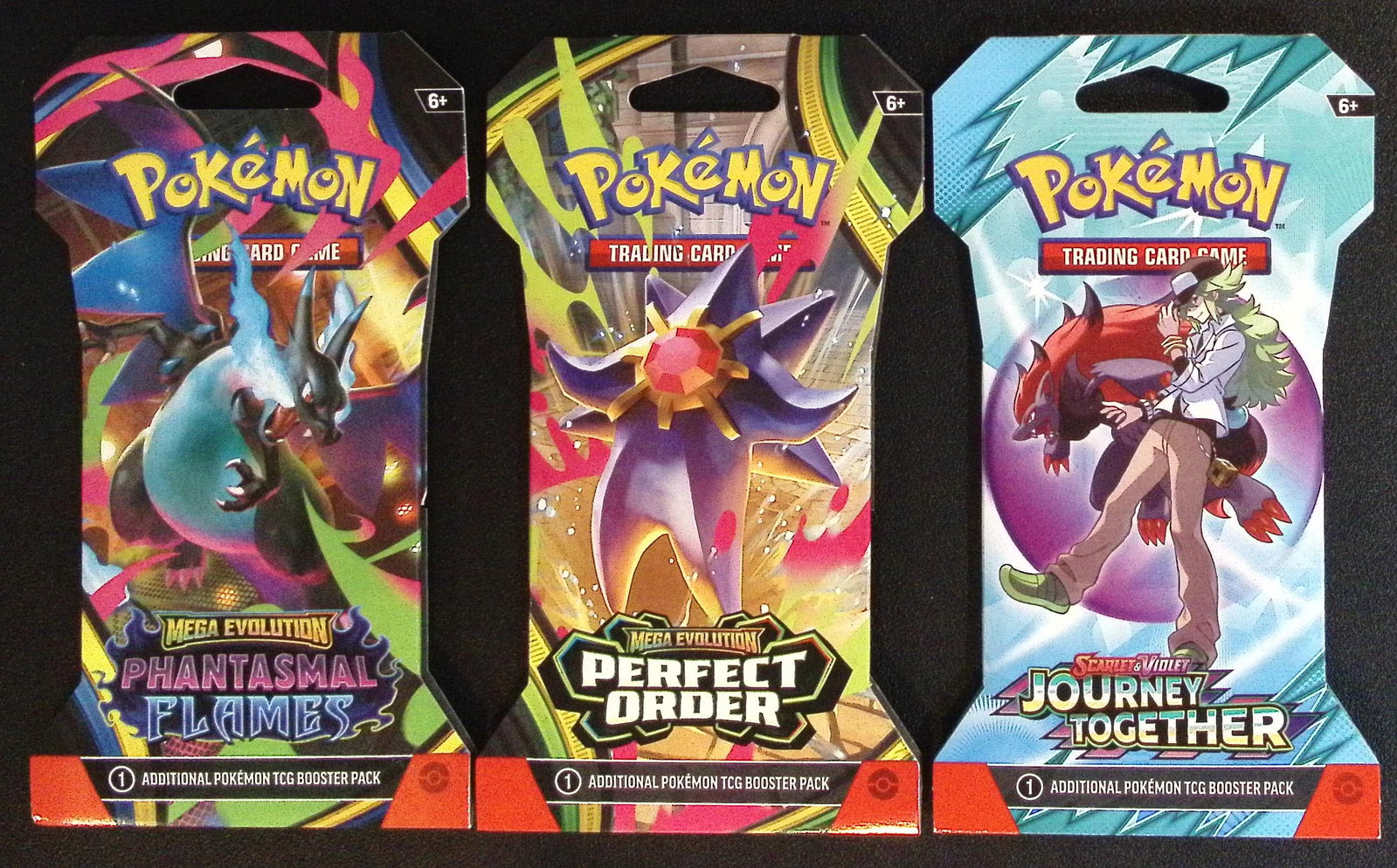 3 COUNT: 1 - Pokemon Journey Together, 1 - Perfect Order, & 1 - Phantasmal Flames Booster Packs: Pokemon Trading Card Game Cards, Charizard, Pikachu, Mewto, EX, Referse Holo, Holo Rare Cards, Secret Rare Cards, Full Art Cards, Evee, 3 Stars Ultra Rare Cards, Double Rare, Illustration Rare, Specia