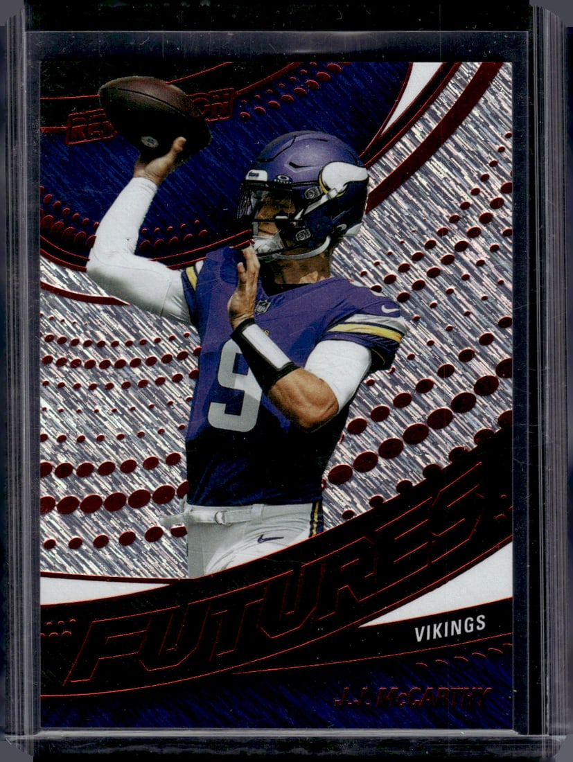 JJ McCarthy Futures Storm Red /50 2025 Panini Revolution #8 Minnesota Vikings: Panini Select, Prizm, Mosaic, Contenders, Zenith, Phoenix, Illusions, Absolute, Rookie NFL Sports Trading Cards, SP, SSP, Cards, Football Cards for Sale Near Me, Superbowl & Hall of Fame Player Cards,