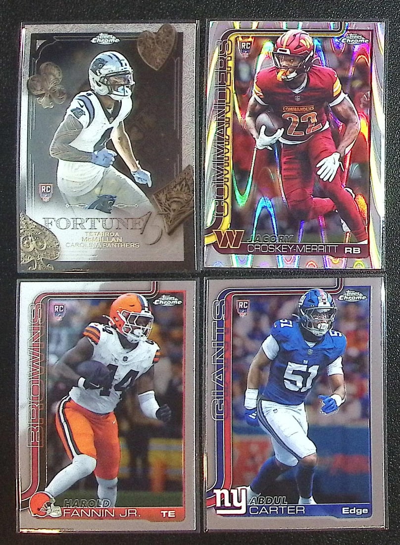 Lot of 4 2025 Topps Chrome NFL Rookie Cards. All Different, See Pictures: Topps Chrome Football NFL Trading Sports Cards, Sports Cards for Sale Near Me, Super Bowl & Hall of Fame Player Cards, Resurgence, Composite, SP, SSP, Valuable Auction Memorabilia Lots For Sale On Lin