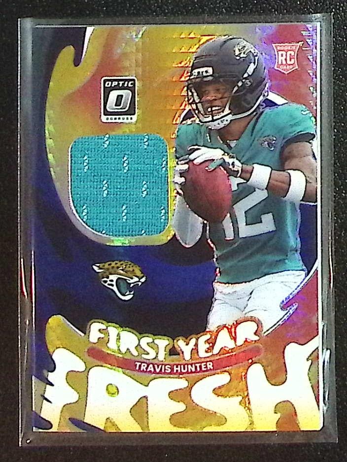 Travis Hunter Rookie Card Blue Hyper Prizm Patch 2025 Donruss Optic #FYFBH-THR (1 of 2)