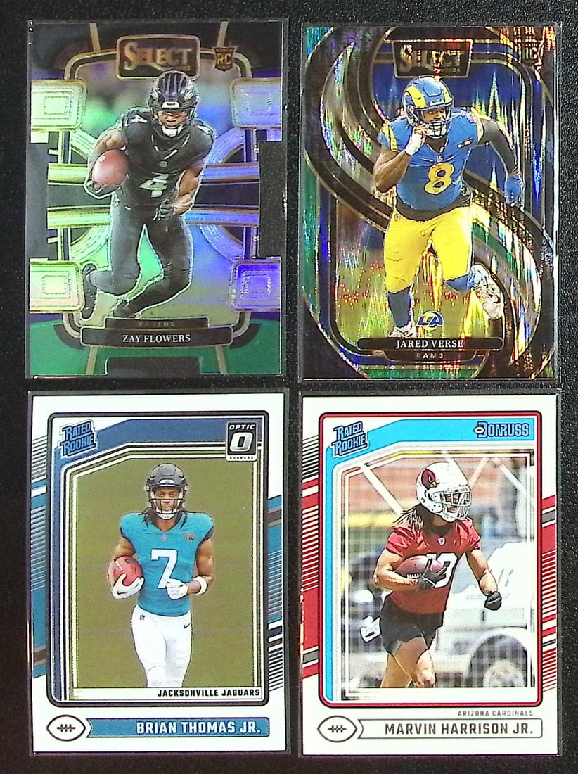 Lot of 4 NFL Rookie Cards. Zay Flowers, Jared Verse, Brian Thomas Jr., Marvin Harrison Jr. (1 of 2)