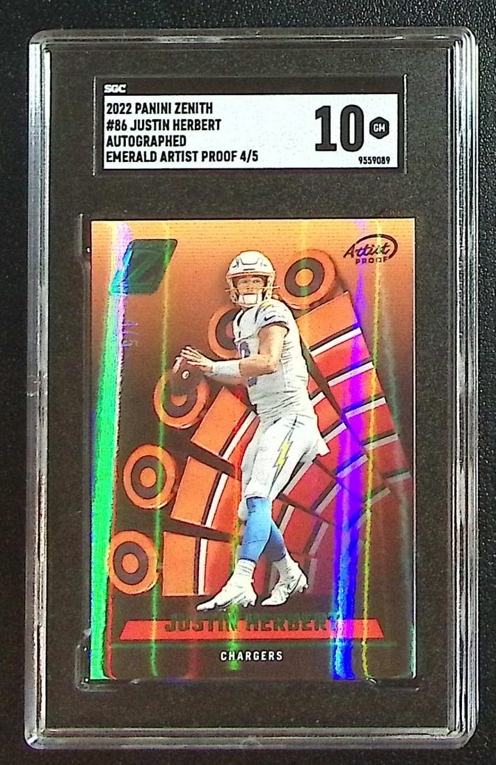 Justin Herbert Emerald Artist Proof /5 2022 Panini Zenith #86 SGC 10 Los Angeles Chargers: Panini Select, Prizm, Mosaic, Contenders, Zenith, Phoenix, Illusions, Absolute, Rookie NFL Sports Trading Cards, SP, SSP, Cards, Football Cards for Sale Near Me, Superbowl & Hall of Fame Player Cards,