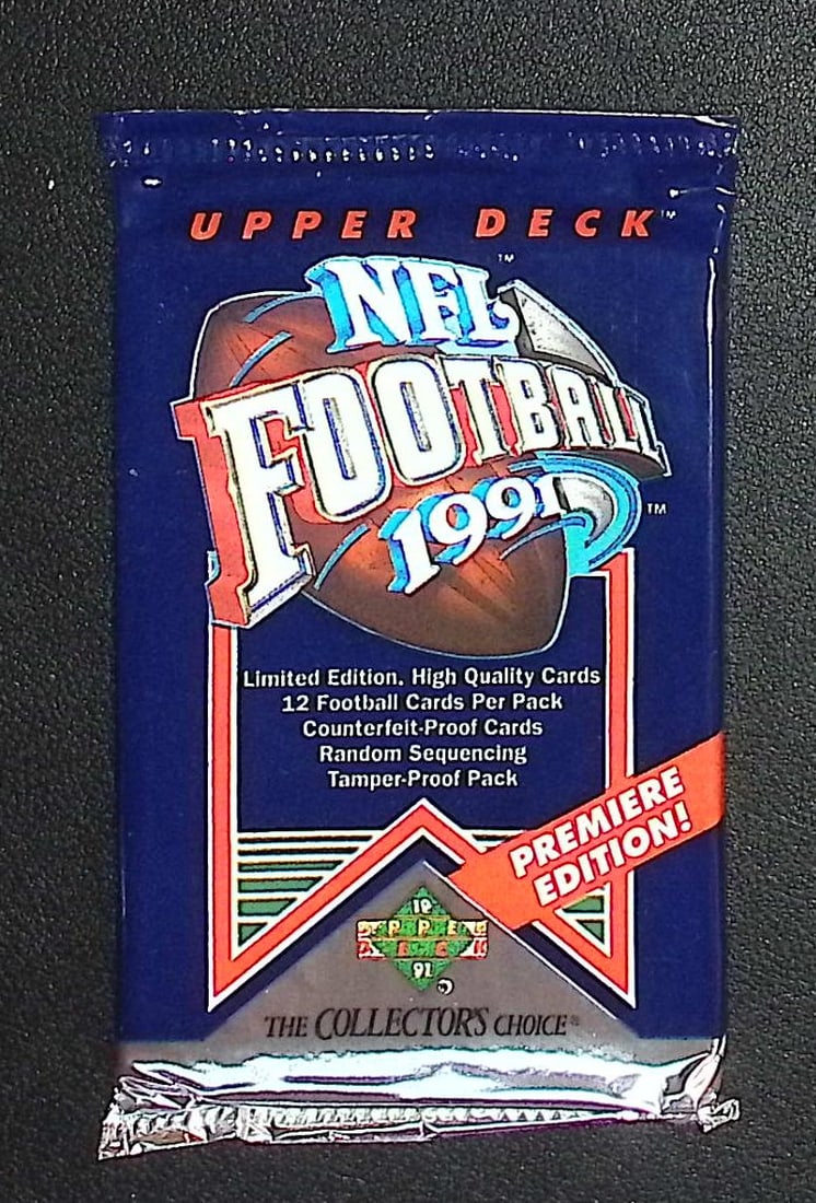 1991 Upper Deck Premier Edition Football Cards Retail Box Wax Pack, Sports Cards: Upper Deck Football NFL Trading & Sports Cards, John Elway, Bo Jackson, Jerry Rice, Dan Marino, Deion Sanders, Old Sports Cards for Sale Near Me, Vintage Valuable Auction Commemorative Lots for Sale O