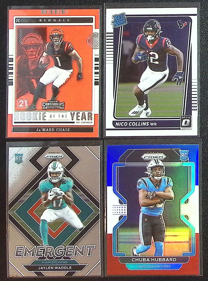 Lot of 4 2021 Panini NFL Rookie Cards. Chase, Collins, Waddle, Hubbard: Panini Select, Prizm, Mosaic, Contenders, Zenith, Phoenix, Illusions, Absolute, Rookie NFL Sports Trading Cards, SP, SSP, Cards, Football Cards for Sale Near Me, Superbowl & Hall of Fame Player