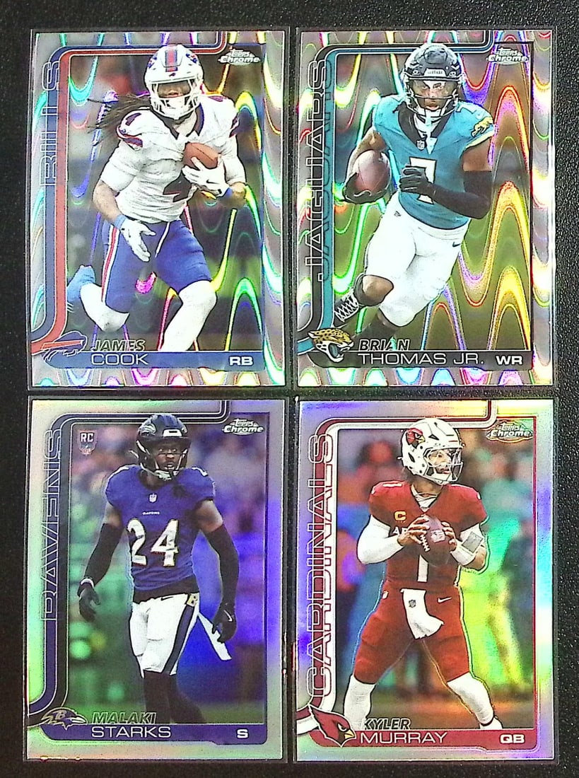 Lot of 4 2025 Topps Chrome NFL Refractors. Cook, Thomas Jr., Starks RC, Murray: Topps Chrome Football NFL Trading Sports Cards, Sports Cards for Sale Near Me, Super Bowl & Hall of Fame Player Cards, Resurgence, Composite, SP, SSP, Valuable Auction Memorabilia Lots For Sale On Lin