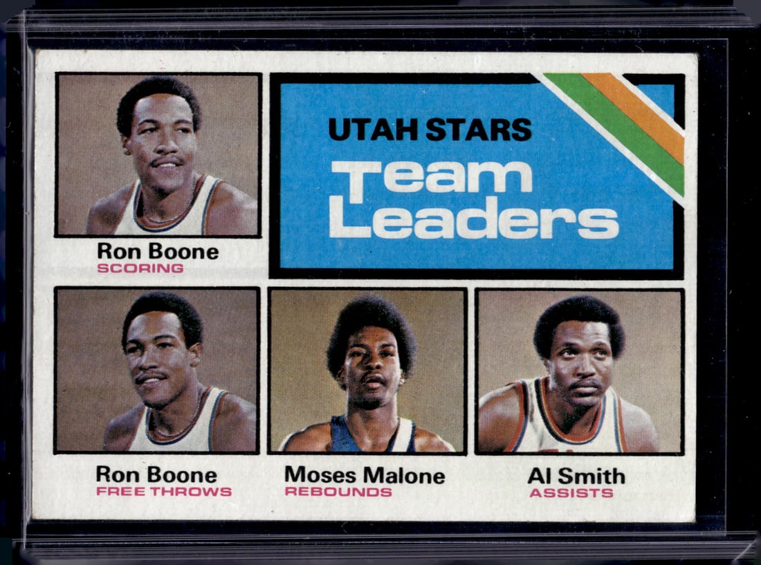 Utah Stars Team Leaders Boone/Malone/Smith 1975-96 Topps #286 Vintage NBA Card: Topps Basketball NBA Trading & Sports Cards, Sports Cards for Sale Near Me, Chrome, Refractor, SP, SSP, Valuable Auction Memorabilia Lots Sold On Line, NBA Championship & Hall of Fame Player Cards
