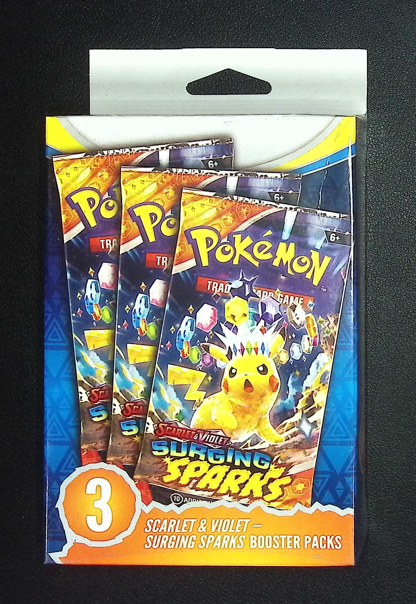 Pokemon Surging Sparks 3 Booster Pack Hanger Box: Pokemon Trading Card Game Cards, Charizard, Pikachu, Mewto, EX, Referse Holo, Holo Rare Cards, Secret Rare Cards, Full Art Cards, Evee, 3 Stars Ultra Rare Cards, Double Rare, Illustration Rare, Specia