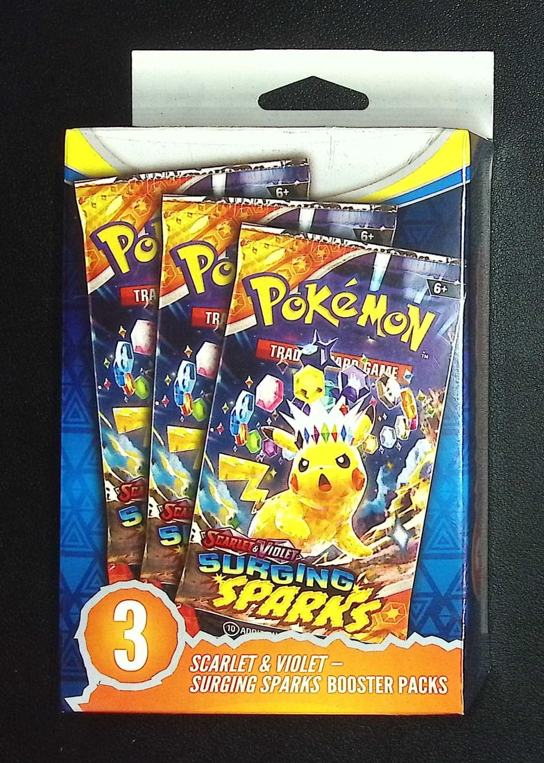 Pokemon Surging Sparks 3 Booster Pack Hanger Box: Pokemon Trading Card Game Cards, Charizard, Pikachu, Mewto, EX, Referse Holo, Holo Rare Cards, Secret Rare Cards, Full Art Cards, Evee, 3 Stars Ultra Rare Cards, Double Rare, Illustration Rare, Specia