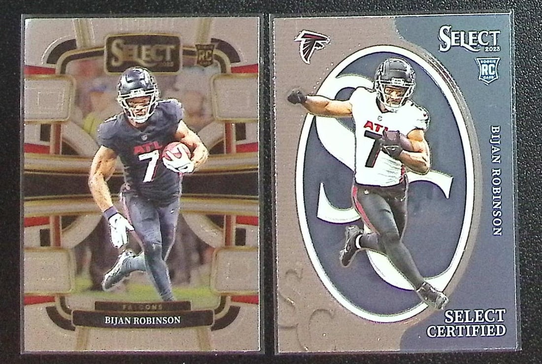 Lot of 2 Bijan Robinson Rookie Cards 2023 Select #4 & #CRO-BRO. Atlanta Falcons: Panini Select, Prizm, Mosaic, Contenders, Zenith, Phoenix, Illusions, Absolute, Rookie NFL Sports Trading Cards, SP, SSP, Cards, Football Cards for Sale Near Me, Superbowl & Hall of Fame Player Cards,