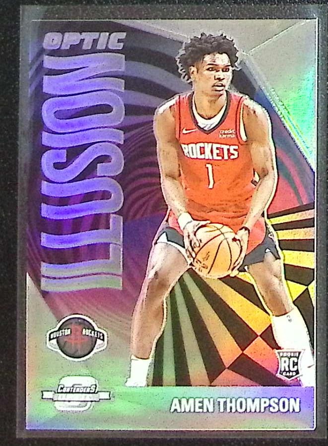 Amen Thompson Rookie Card Optic Illusion Holo Prizm 2023-24 Contenders Optic #9: Panini Select, Prizm, Mosaic, Contenders, Revolution, Phoenix, NBA Hoops, Rookie NFL Sports Trading Cards, Silver, SP, SSP, Wave Prizms, Numbered Cards, Basketball sports Cards for Sale Near Me, NBA C