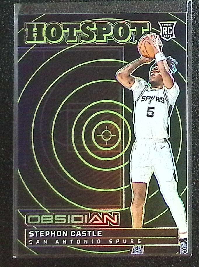 Stephon Castle Rookie Card Hotspot Electric Etch /125 2024-25 Panini Obsidian #6 Spurs: Panini Select, Prizm, Mosaic, Contenders, Revolution, Phoenix, NBA Hoops, Rookie NFL Sports Trading Cards, Silver, SP, SSP, Wave Prizms, Numbered Cards, Basketball sports Cards for Sale Near Me, NBA C