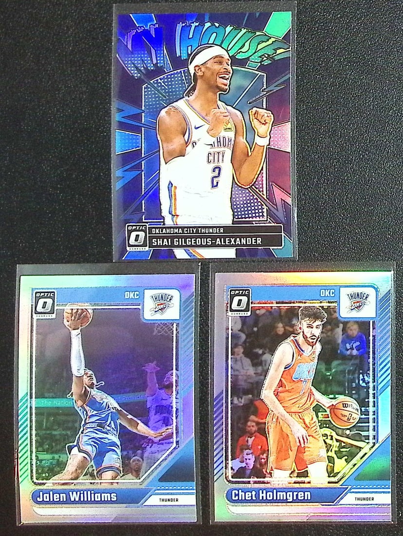Lot of 3 2024-25 Donruss Optic OKC Thunder Prizms. All Different, See Pictures: Panini Select, Prizm, Mosaic, Contenders, Revolution, Phoenix, NBA Hoops, Rookie NFL Sports Trading Cards, Silver, SP, SSP, Wave Prizms, Numbered Cards, Basketball sports Cards for Sale Near Me, NBA C