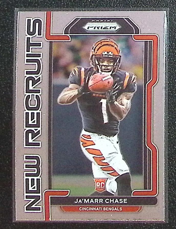 Ja'Marr Chase Rookie Card New Recruits 2021 Panini Prizm #NR-7 Cincinnati Bengals: Panini Select, Prizm, Mosaic, Contenders, Zenith, Phoenix, Illusions, Absolute, Rookie NFL Sports Trading Cards, SP, SSP, Cards, Football Cards for Sale Near Me, Superbowl & Hall of Fame Player Cards,