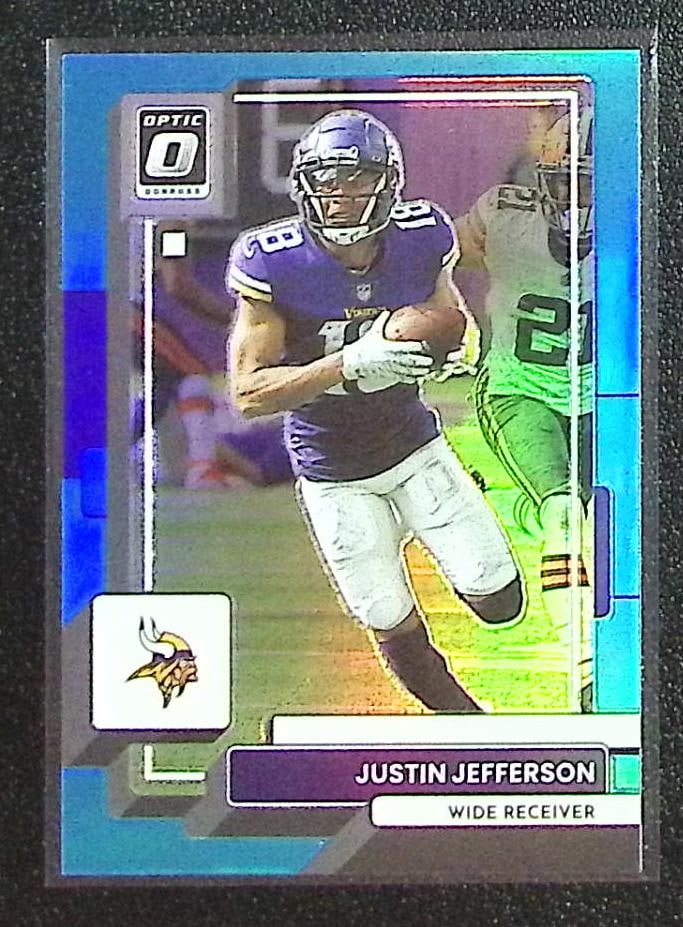 Justin Jefferson Aqua Prizm /299 2022 Donruss Optic #129 Minnesota Vikings: Panini Select, Prizm, Mosaic, Contenders, Zenith, Phoenix, Illusions, Absolute, Rookie NFL Sports Trading Cards, SP, SSP, Cards, Football Cards for Sale Near Me, Superbowl & Hall of Fame Player Cards,
