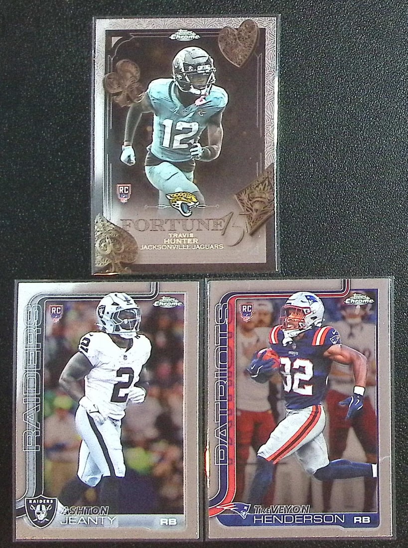 Lot of 3 2025 Topps Chrome NFL Rookie Cards. Travis Hunter, Ashton Jeanty, Henderson (1 of 2)