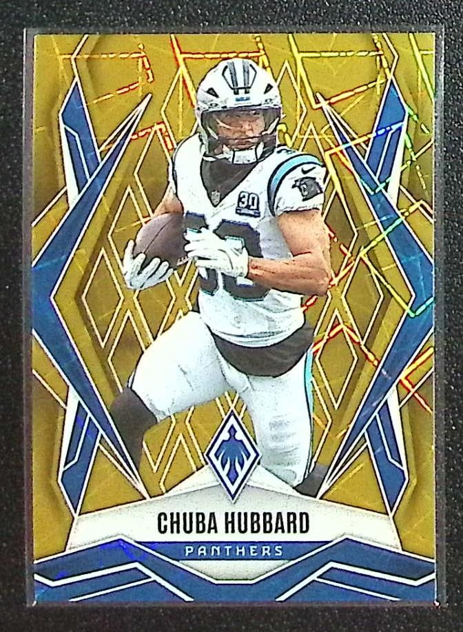 Chuba Hubbard Gold Lazer /10 2025 Panini Phoenix #75 Carolina Panthers: Panini Select, Prizm, Mosaic, Contenders, Zenith, Phoenix, Illusions, Absolute, Rookie NFL Sports Trading Cards, SP, SSP, Cards, Football Cards for Sale Near Me, Superbowl & Hall of Fame Player Cards,