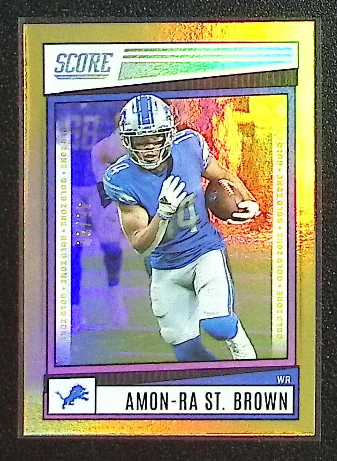 Amon-Ra St. Brown Gold Zone /50 2022 Panini Score #84 Detroit Lions: Panini Select, Prizm, Mosaic, Contenders, Zenith, Phoenix, Illusions, Absolute, Rookie NFL Sports Trading Cards, SP, SSP, Cards, Football Cards for Sale Near Me, Superbowl & Hall of Fame Player