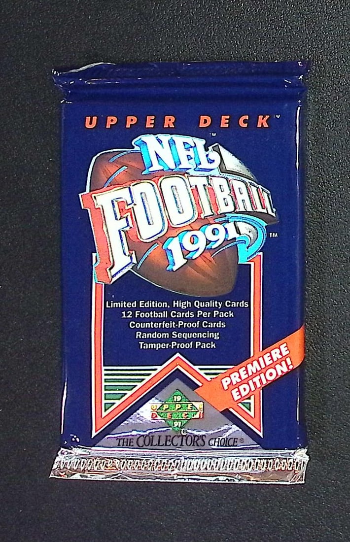 1991 Upper Deck Premier Edition Football Cards Retail Box Wax Pack, Sports Cards: Upper Deck Football NFL Trading & Sports Cards, John Elway, Bo Jackson, Jerry Rice, Dan Marino, Deion Sanders, Old Sports Cards for Sale Near Me, Vintage Valuable Auction Commemorative Lots for Sale O