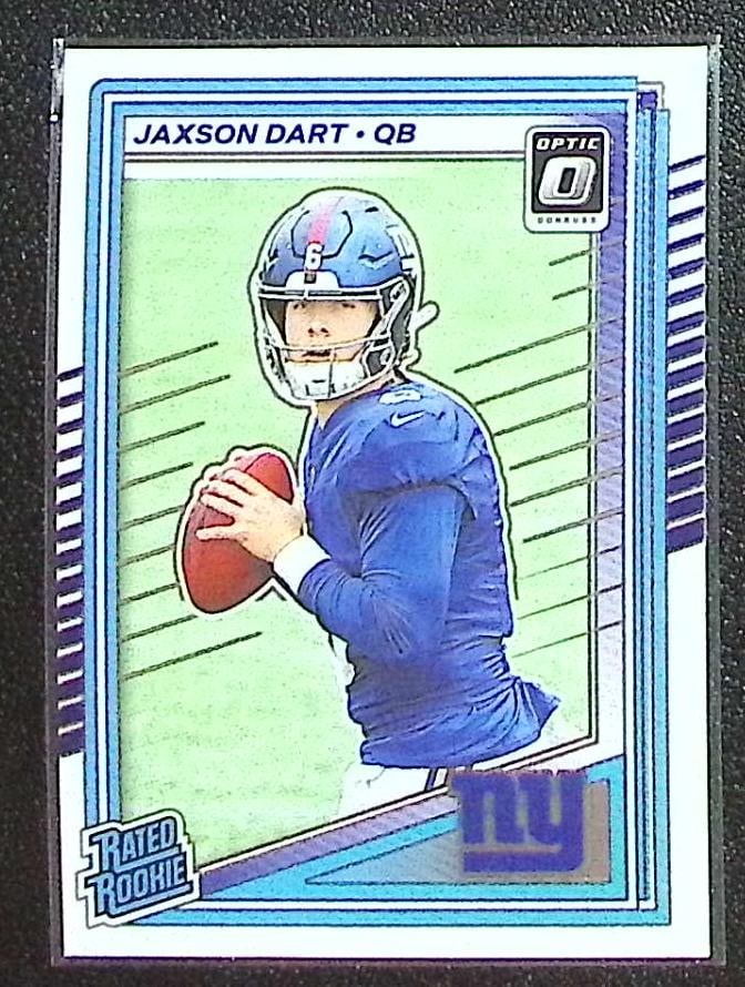 Jaxson Dart Rookie Card 2025 Donruss Optic #273 New York Giants: Panini Select, Prizm, Mosaic, Contenders, Zenith, Phoenix, Illusions, Absolute, Rookie NFL Sports Trading Cards, SP, SSP, Cards, Football Cards for Sale Near Me, Superbowl & Hall of Fame Player Cards,