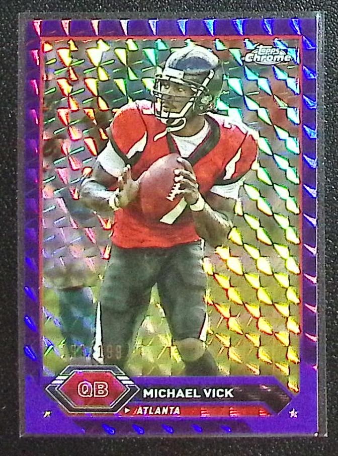 Michael Vick Purple Geometric Refractor /199 2023 Topps Composite #50 Falcons: Topps Football NFL Trading Sports Cards, Sports Cards for Sale Near Me, Super Bowl & Hall of Fame Player Cards, Resurgence, Composite, SP, SSP, Valuable Auction Memorabilia Lots For Sale On Line