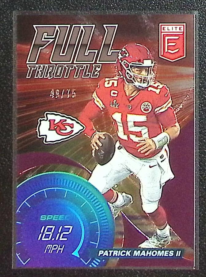 Patrick Mahomes Full Throttle Purple /75 2021 Donruss Elite #FT9 Kansas City Chiefs: Panini Select, Prizm, Mosaic, Contenders, Zenith, Phoenix, Illusions, Absolute, Rookie NFL Sports Trading Cards, SP, SSP, Cards, Football Cards for Sale Near Me, Superbowl & Hall of Fame Player Cards,