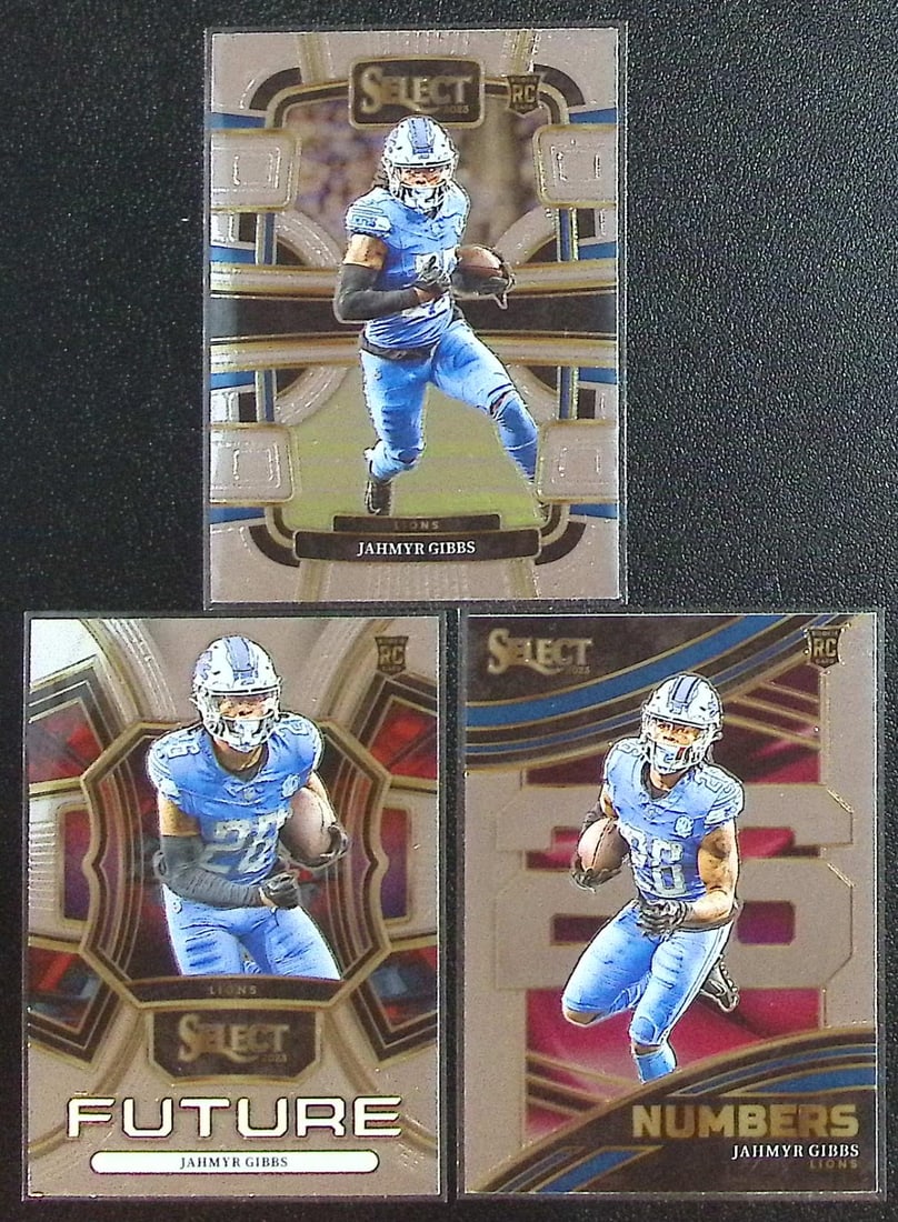 Lot of 3 Jahymr Gibbs Rookie Cards 2023 Select #34, #FUT-JGI, #NMB-JGI. Detroit Lions: Panini Select, Prizm, Mosaic, Contenders, Zenith, Phoenix, Illusions, Absolute, Rookie NFL Sports Trading Cards, SP, SSP, Cards, Football Cards for Sale Near Me, Superbowl & Hall of Fame Player Cards,