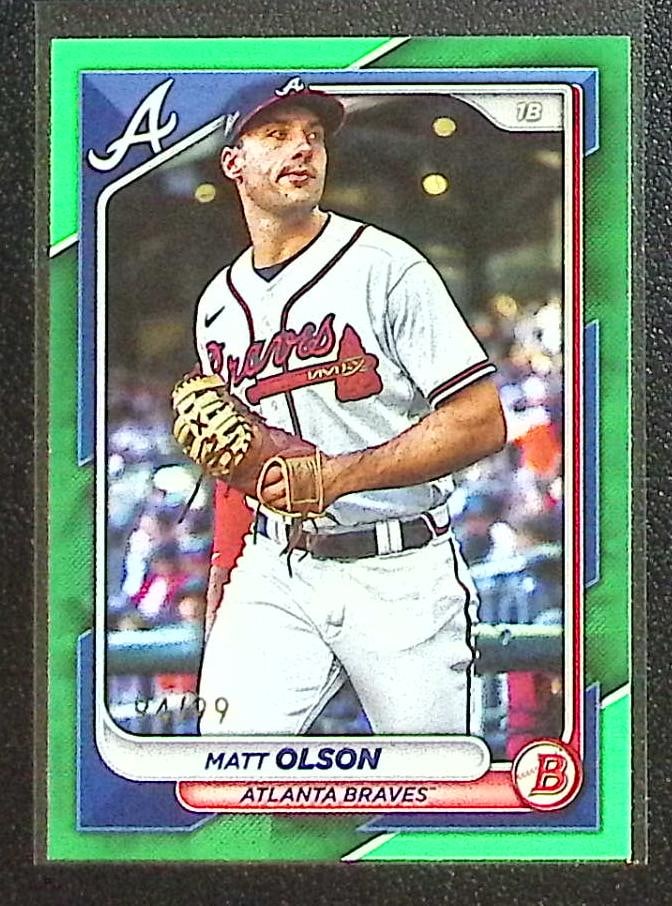 Matt Olson Green /99 2024 Bowman #54 Atlanta Braves: Bowman Baseball MLB Trading & Sports Cards, Sports Cards for Sale Near Me, World Series & Hall of Fame Players, SP, SSP, Chrome, 1st Bowman, Auction Memorabilia Lots Sold On Line
