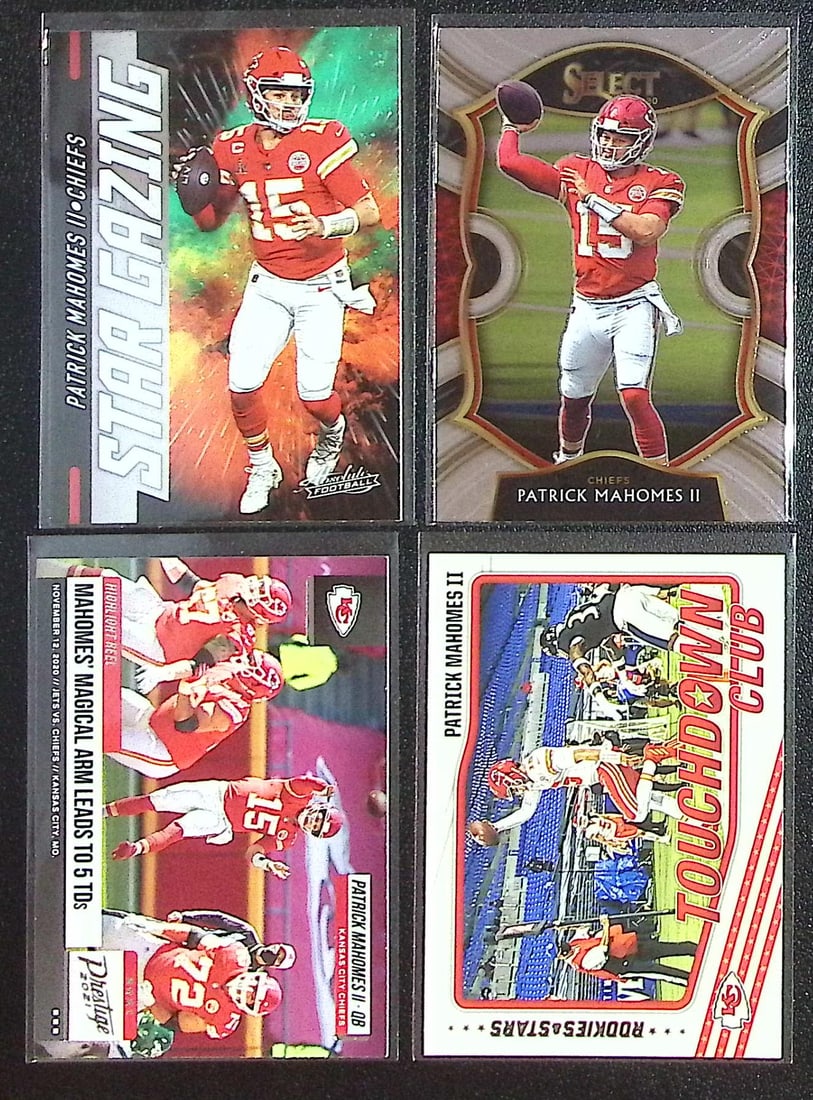 Lot of 4 Patrick Mahomes Panini Football Cards. All Different, See Pictures: Panini Select, Prizm, Mosaic, Contenders, Zenith, Phoenix, Illusions, Absolute, Rookie NFL Sports Trading Cards, SP, SSP, Cards, Football Cards for Sale Near Me, Superbowl & Hall of Fame Player Cards,