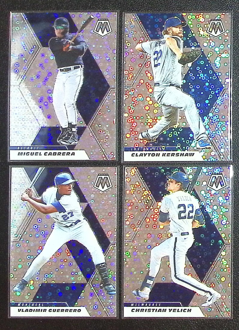 Lot of 4 2021 Mosaic Baseball Quick Pitch Prizms. Cabrera, Kershaw, Guerrero, Yelich: Panini Baseball MLB Trading & Sports Cards, Sports Cards for Sale Near Me, Prizm, Mosaic, Select, SP, SSP, Auction Memorabilia Lots for Sale On Line, World Series & Hall of Fame Players