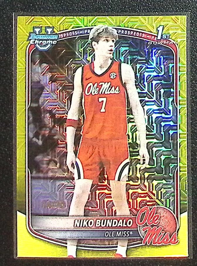 Niko Bundalo 1st Bowman Yellow Mojo /75 2025-26 Bowman Chrome #BCP-18 Ole Miss: Bowman Chrome Basketball NBA Trading & Sports Cards, Sports Cards for Sale Near Me, Chrome, Refractor, SP, SSP, Valuable Auction Memorabilia Lots Sold On Line, NBA Championship & Hall of Fame Player C