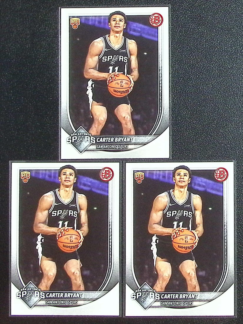 Lot of 3 Carter Bryant Rookie Cards 2025-26 Bowman #14 San Antonio Spurs: Bowman Basketball NBA Trading & Sports Cards, Sports Cards for Sale Near Me, Chrome, Refractor, SP, SSP, Valuable Auction Memorabilia Lots Sold On Line, NBA Championship & Hall of Fame Player Cards