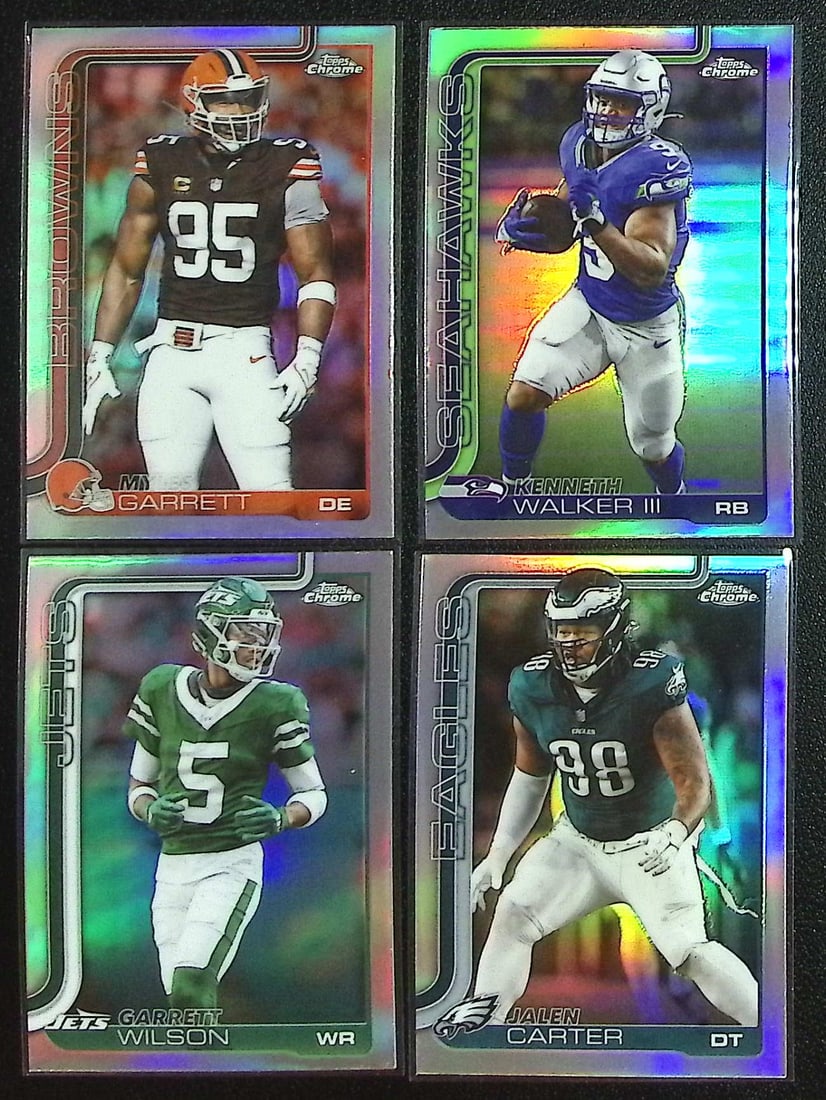 Lot of 4 2025 Topps Chrome NFL Refractors. Garrett, Walker III, Wilson, Carter: Topps Football NFL Trading Sports Cards, Sports Cards for Sale Near Me, Super Bowl & Hall of Fame Player Cards, Resurgence, Composite, SP, SSP, Valuable Auction Memorabilia Lots For Sale On Line