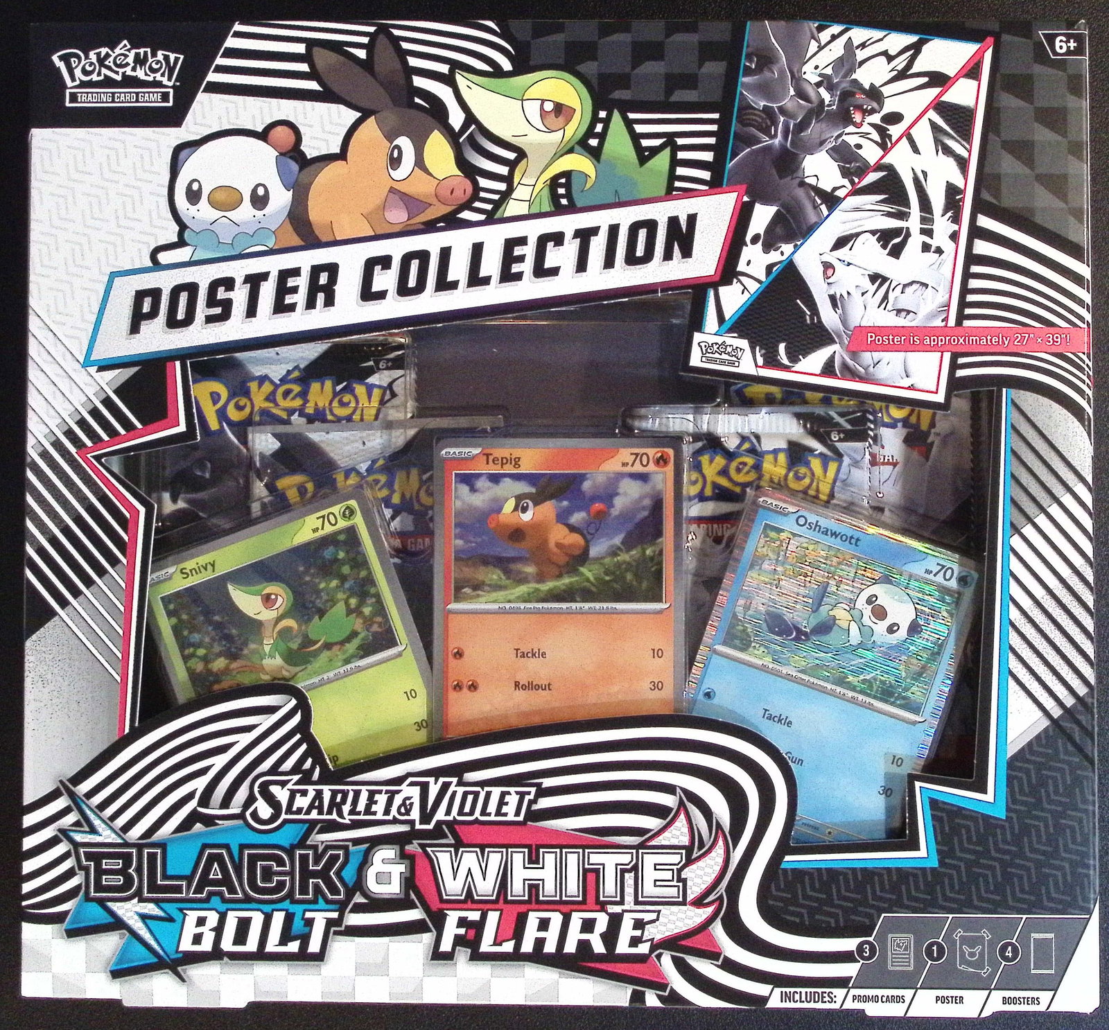Pokemon Scarlet & Violet Black Bolt & White Flare Unova Poster Collection - 4 Booster Packs: Pokemon Trading Card Game Cards, Charizard, Pikachu, Mewto, EX, Referse Holo, Holo Rare Cards, Secret Rare Cards, Full Art Cards, Evee, 3 Stars Ultra Rare Cards, Double Rare, Illustration Rare, Specia