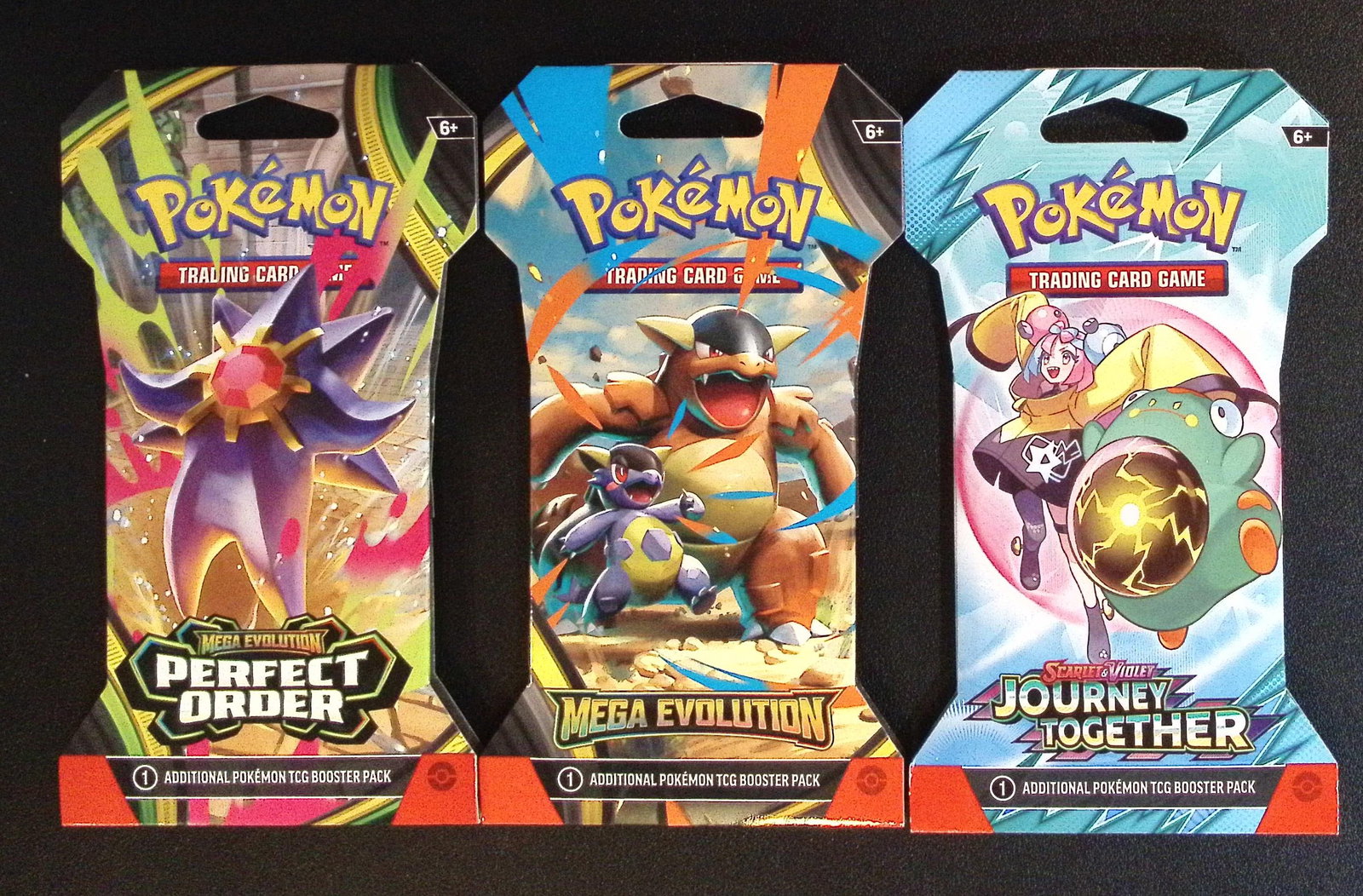 3 COUNT: 1 - Pokemon Journey Together, 1 - 2025 Mega Evolutions, & 1 - Perfect Order Booster Packs: Pokemon Trading Card Game Cards, Charizard, Pikachu, Mewto, EX, Referse Holo, Holo Rare Cards, Secret Rare Cards, Full Art Cards, Evee, 3 Stars Ultra Rare Cards, Double Rare, Illustration Rare, Specia