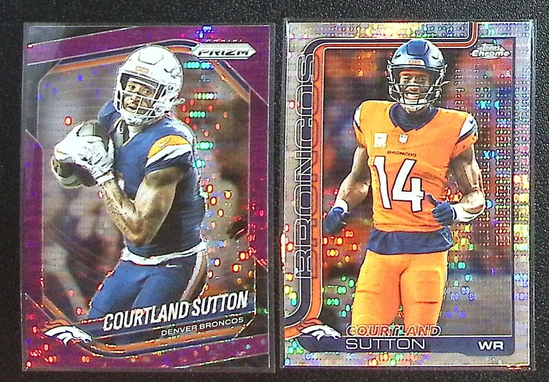 Lot of 2 Courtland Sutton Cards. Purple Puslar Prizm #163 & Topps Chrome Puslar #86: Panini & Topps NFL Sports Trading Cards, SP, SSP, Cards, Football Cards for Sale Near Me, Superbowl & Hall of Fame Player Cards, Memorabilia, Valuable Auction Lots Sold On Line