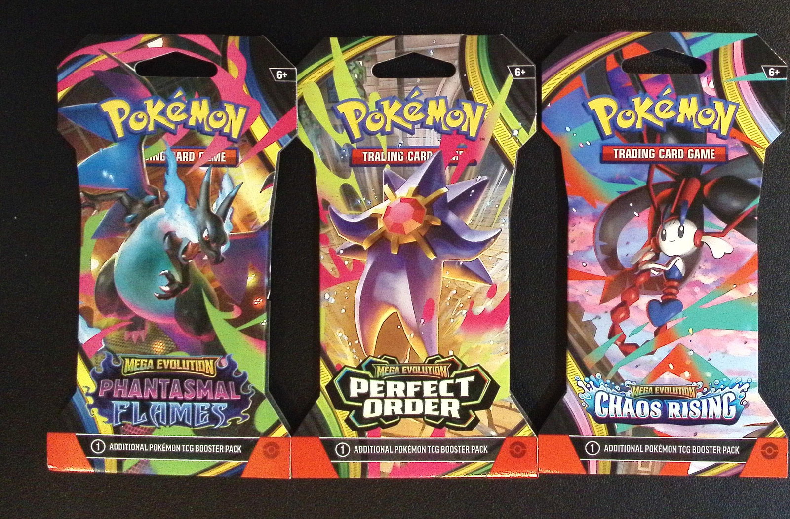 3 COUNT: 1 - Pokemon Chaos Rising, 1 - Perfect Order, 1 - Phantasmal Flames Booster Packs: Pokemon Trading Card Game Cards, Charizard, Pikachu, Mewto, EX, Referse Holo, Holo Rare Cards, Secret Rare Cards, Full Art Cards, Evee, 3 Stars Ultra Rare Cards, Double Rare, Illustration Rare, Specia