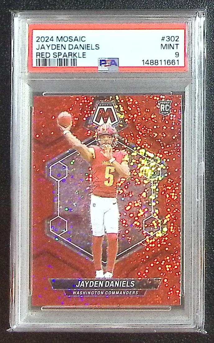 Jayden Daniels Rookie Card Red Sparkle 2024 Mosaic #302 PSA 9 Commanders: Panini Select, Prizm, Mosaic, Contenders, Zenith, Phoenix, Illusions, Absolute, Rookie NFL Sports Trading Cards, SP, SSP, Cards, Football Cards for Sale Near Me, Superbowl & Hall of Fame Player Cards,