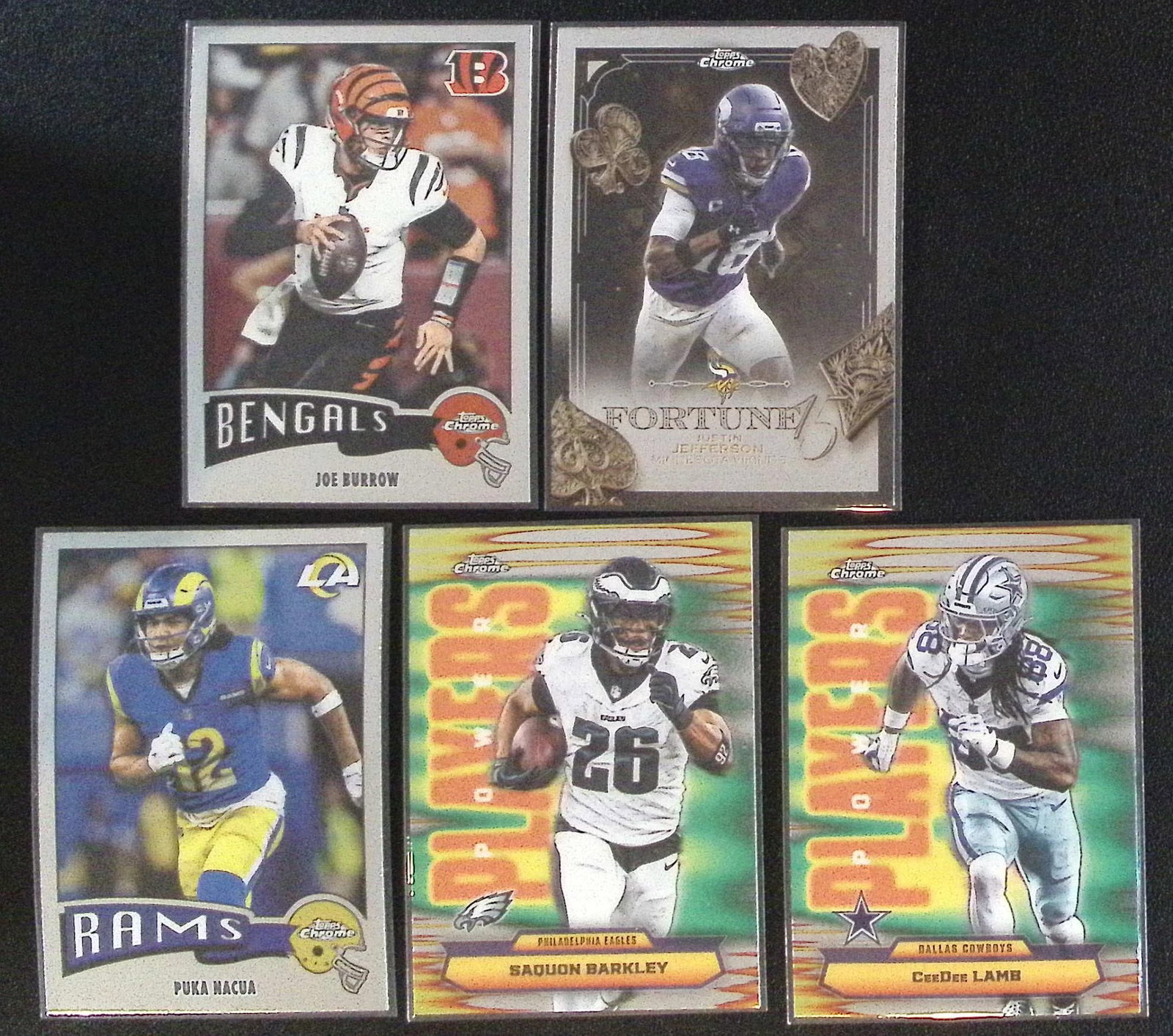 Lot of 5 2025 Topps Chrome NFL Inserts. Burrow, Jefferson, Nacua, Barkley, Lamb (1 of 2)