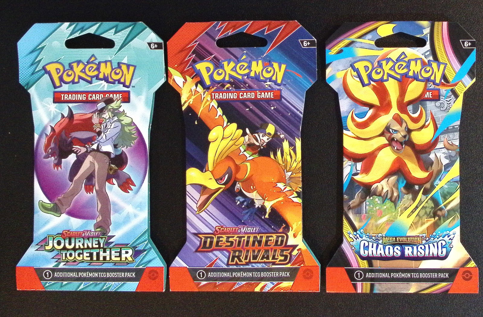 3 COUNT: 1 - Pokemon Chaos Rising, 1 - Destined Rivals, & 1 - Journey Together Booster Packs: Pokemon Trading Card Game Cards, Charizard, Pikachu, Mewto, EX, Referse Holo, Holo Rare Cards, Secret Rare Cards, Full Art Cards, Evee, 3 Stars Ultra Rare Cards, Double Rare, Illustration Rare, Specia