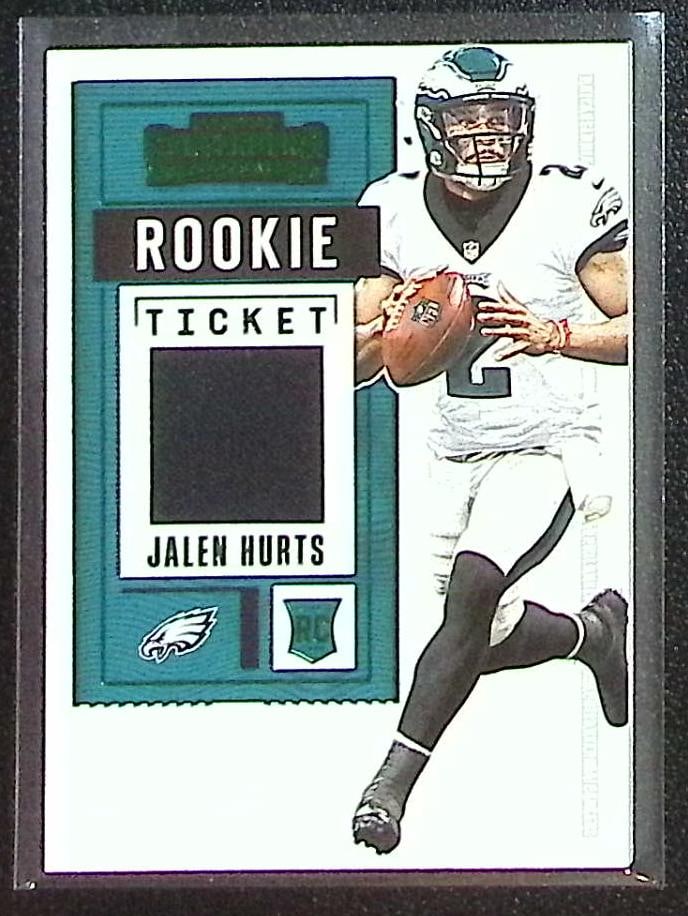 Jalen Hurts Rookie Ticket Patch Green 2020 Panini Contenders #RTS-JHU: Panini Select, Prizm, Mosaic, Contenders, Zenith, Phoenix, Illusions, Absolute, Rookie NFL Sports Trading Cards, SP, SSP, Cards, Football Cards for Sale Near Me, Superbowl & Hall of Fame Player Cards,