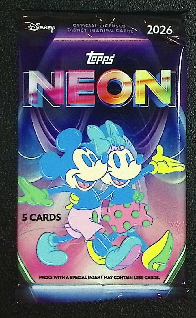 2026 Topps Disney Neon BLASTER BOX PACK: Disney Topps Trading Cards of Movies & Television Shows, Refractors, Ray Waves, Numbered Rare Cards. Darth Vader, Luke Skywalker, Princess Leia, Mandalorian, Yoda, Grogu, Han Solo, Rebellion, Imperial