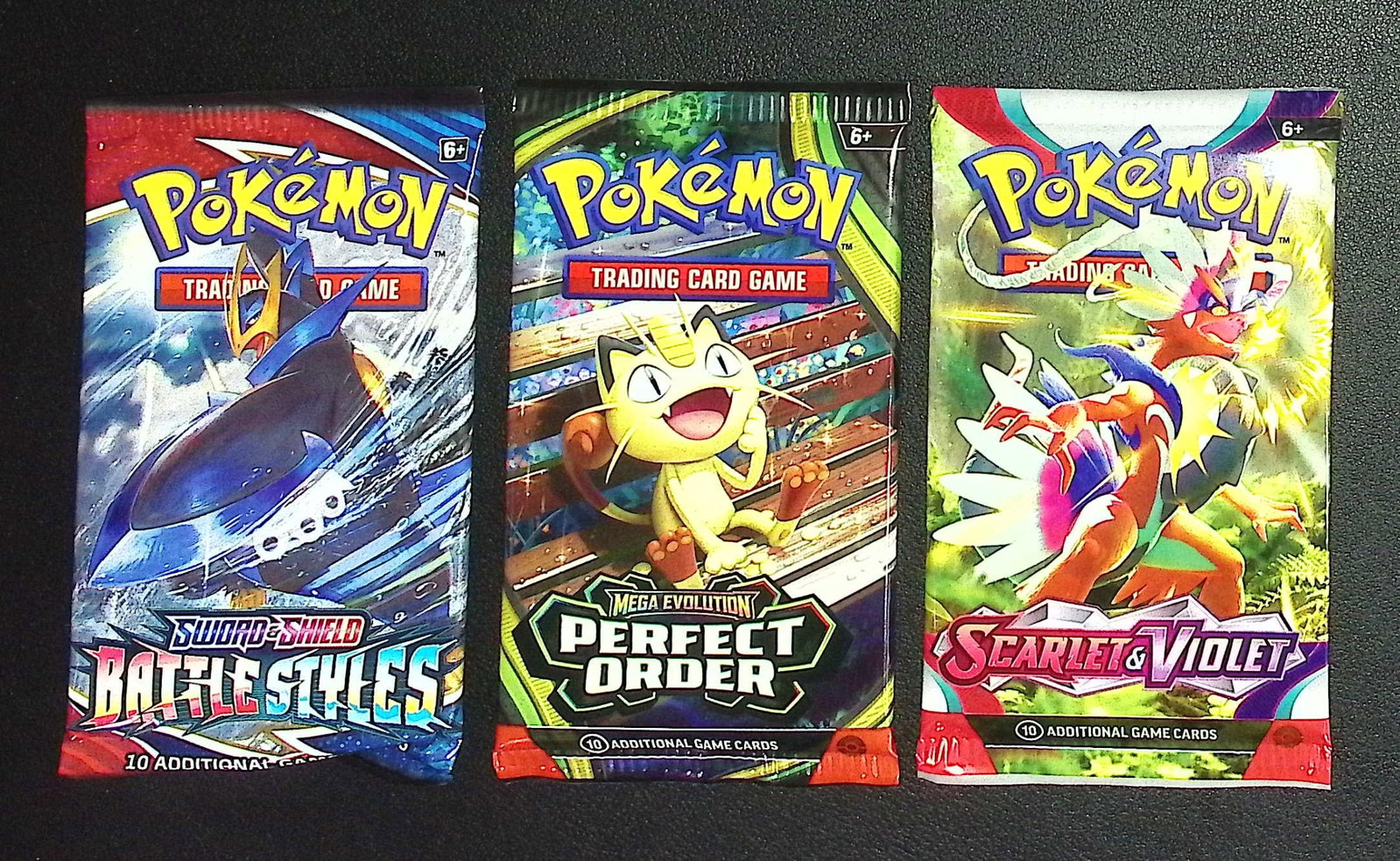 3 COUNT: 1 - Pokemon Battle Styles, 1 - Perfect Order, & 1 - Scarlet & Violet Booster Packs: Pokemon Trading Card Game Cards, Charizard, Pikachu, Mewto, EX, Referse Holo, Holo Rare Cards, Secret Rare Cards, Full Art Cards, Evee, 3 Stars Ultra Rare Cards, Double Rare, Illustration Rare, Specia
