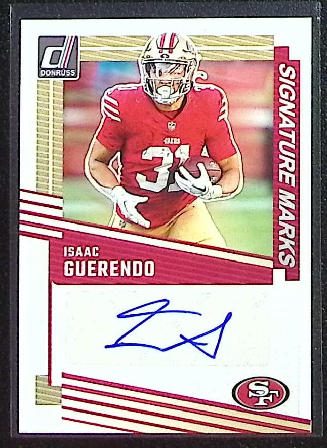 Isaac Guerendo Auto 2025 Panini Donruss #SM-IGO San Francisco 49ers: Panini Select, Prizm, Mosaic, Contenders, Zenith, Phoenix, Illusions, Absolute, Rookie NFL Sports Trading Cards, SP, SSP, Cards, Football Cards for Sale Near Me, Superbowl & Hall of Fame Player Cards,