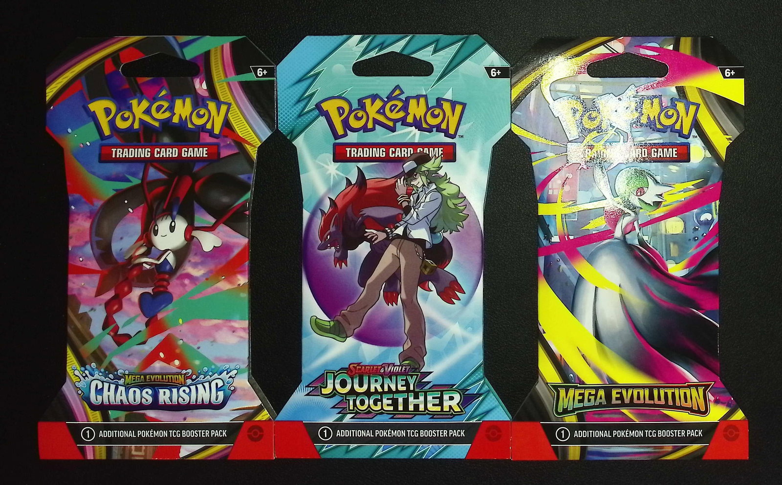 3 COUNT: 1 - Pokemon Chaos Rising, 1 - Journey Together, 1 - Mega Evolutions Booster Packs: Pokemon Trading Card Game Cards, Charizard, Pikachu, Mewto, EX, Referse Holo, Holo Rare Cards, Secret Rare Cards, Full Art Cards, Evee, 3 Stars Ultra Rare Cards, Double Rare, Illustration Rare, Specia